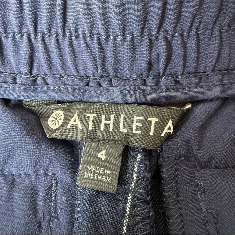 ATHLETA 100% Linen Bali Navy Blue Stripe Wide Leg Drawstring Crop Pants Sz 4 - Picture 10 of 14